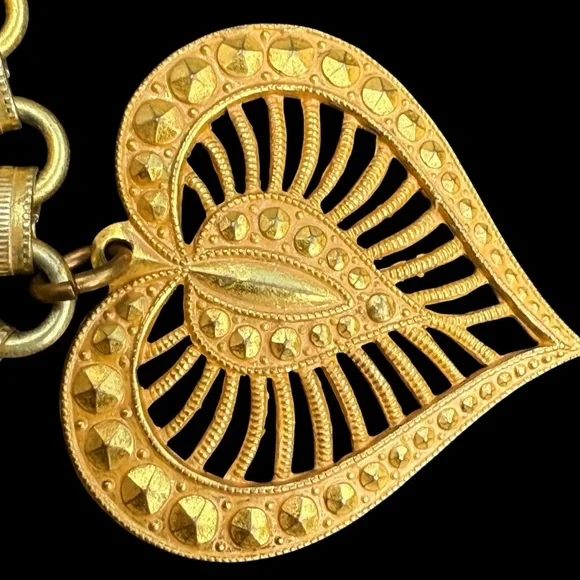 Signed MIRIAM HASKELL Book Chain Charm Bracelet Gilt Gold Tone Heart Flower Bow - Picture 3 of 6